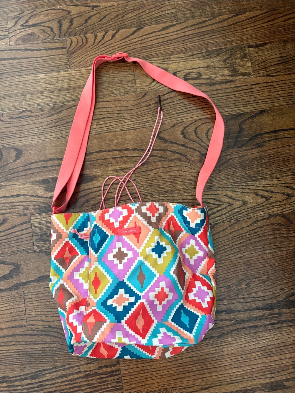 Vera Bradley Multicolor Diamond Geo cinch Tote with Coral Strap